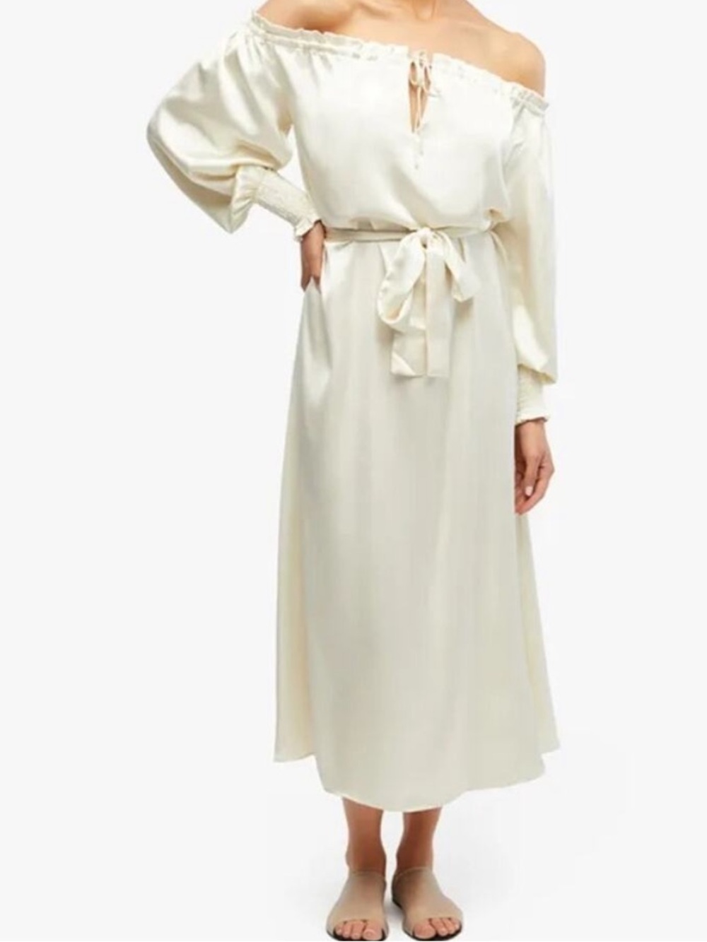 NWT WeWoreWhat Satin Off the Shoulder Maxi Dress in Ecru with Tie Waist